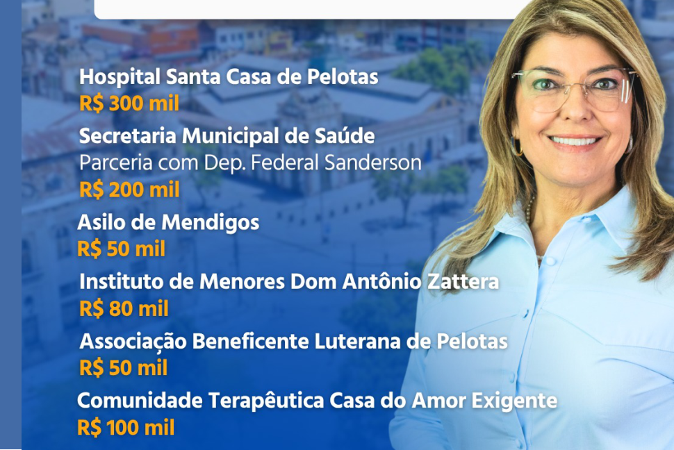 Pelotas recebeu R$ 780 mil em emendas indicadas pela deputada estadual Adriana Lara!