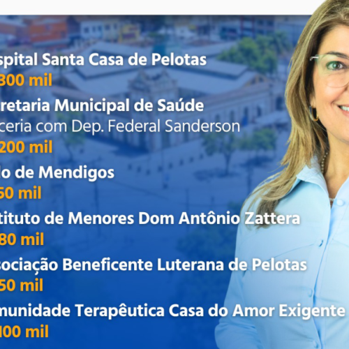 Pelotas recebeu R$ 780 mil em emendas indicadas pela deputada estadual Adriana Lara!